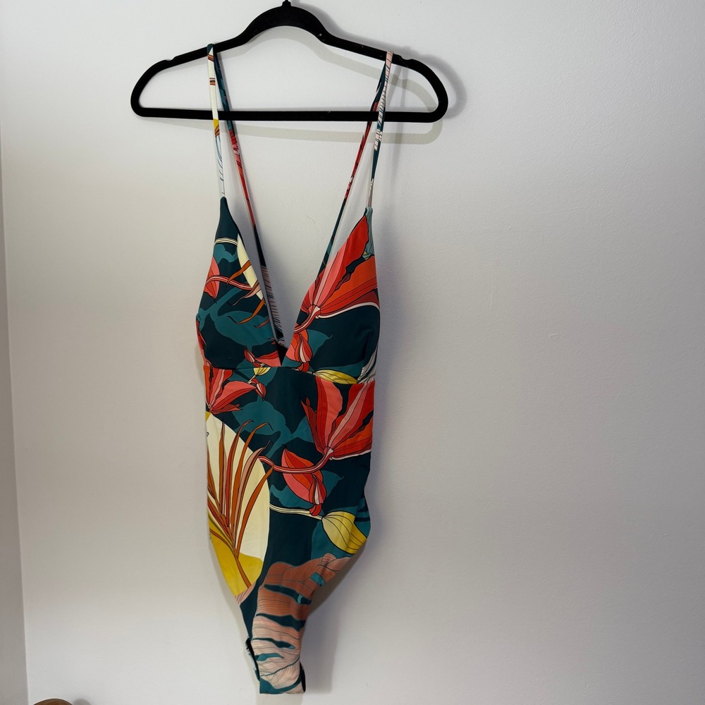 Calia Womens Tropical Floral One Piece Swimsuit Teal Orange Size 16 NWOT